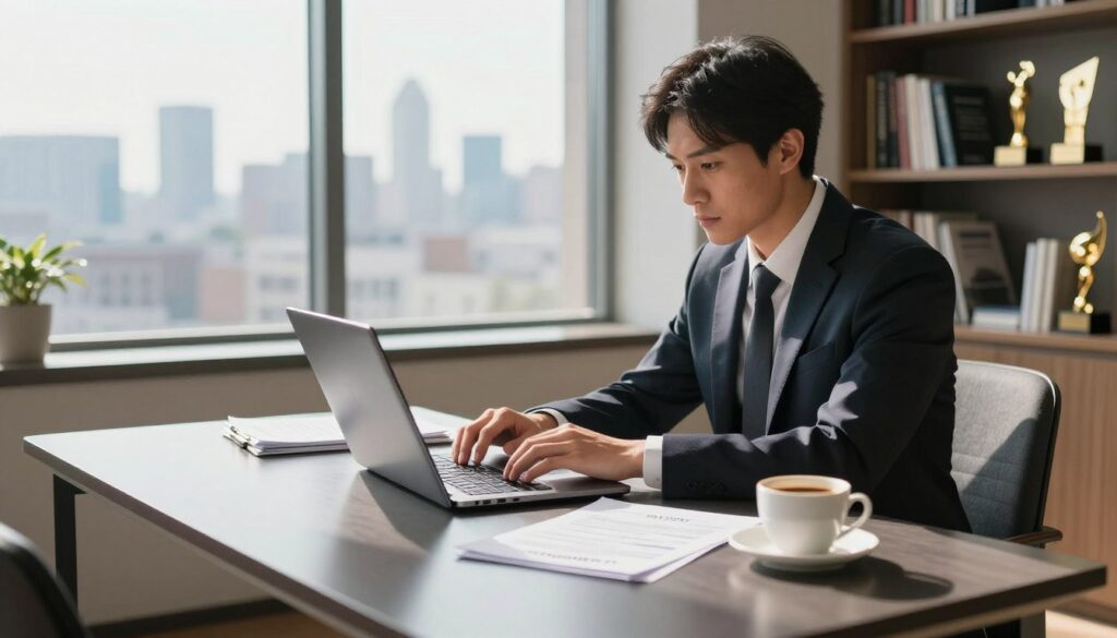 A professional scene depicting the process of writing a CV focused on job experience. In the foreground, a well-dressed individual sits at a sleek modern desk, intensely typing on a laptop, surrounded by neatly organized papers and a cup of coffee. The middle ground features a large window allowing natural light to flood the room, casting subtle shadows, and displaying a view of a city skyline, symbolizing ambition and career growth. The background is filled with a bookshelf loaded with career-related books and awards highlighting achievements. The atmosphere is focused and serious, emphasizing the importance of effectively summarizing work experience on a limited number of pages. The lighting is bright yet warm, creating a motivating environment. A professional scene depicting the process of writing a CV focused on job experience. In the foreground, a well-dressed individual sits at a sleek modern desk, intensely typing on a laptop, surrounded by neatly organized papers and a cup of coffee. The middle ground features a large window allowing natural light to flood the room, casting subtle shadows, and displaying a view of a city skyline, symbolizing ambition and career growth. The background is filled with a bookshelf loaded with career-related books and awards highlighting achievements. The atmosphere is focused and serious, emphasizing the importance of effectively summarizing work experience on a limited number of pages. The lighting is bright yet warm, creating a motivating environment.