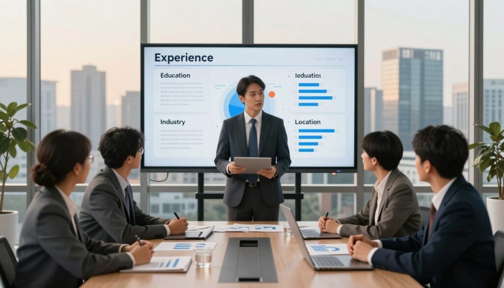 A professional scene depicting various factors influencing a manager's salary in a corporate environment. In the foreground, a diverse group of business professionals in formal attire, engaged in a discussion around a conference table with charts and graphs on the table. In the middle ground, a large digital screen displaying key factors such as "Experience," "Education," "Industry," and "Location" in clear, visually appealing infographics. The background features a modern office skyline visible through floor-to-ceiling windows, bathed in warm, soft lighting, suggesting a productive and focused atmosphere. The image should have a balanced composition with a sense of professionalism and collaboration, capturing the essence of managerial salary determinants.