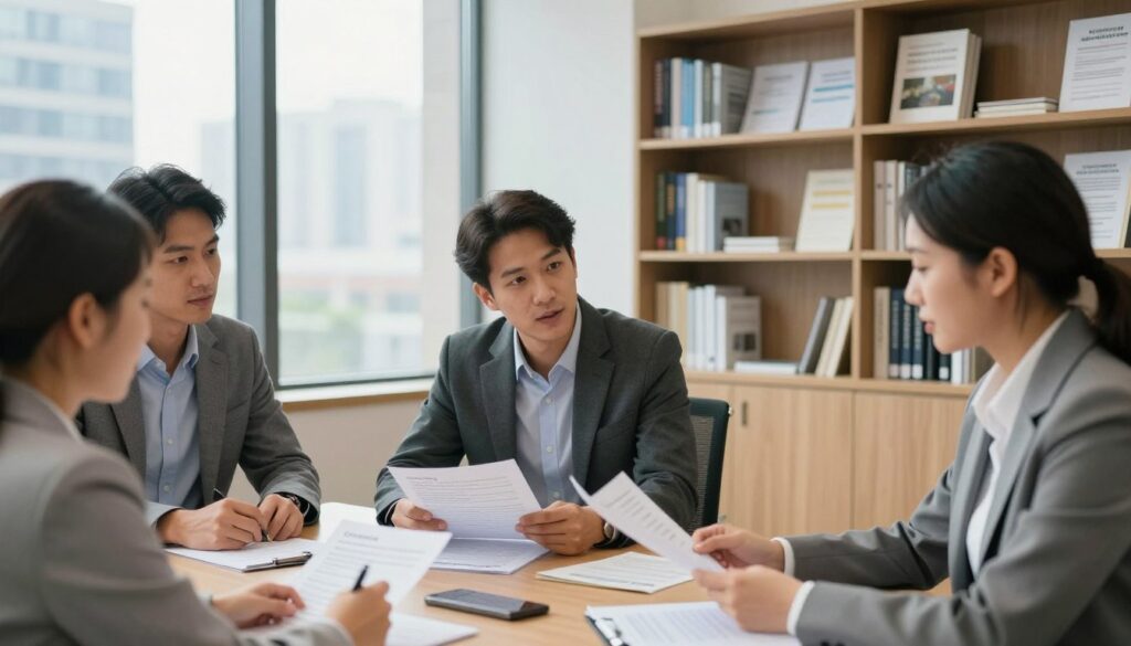 A professional setting depicting a group of experts engaged in a discussion about teacher career advancement compensation. In the foreground, a diverse group of three individuals in professional attire—two men and one woman—are gathered around a conference table, reviewing documents and spreadsheets, highlighting their roles in a decision-making committee. In the middle ground, a large window reveals a cityscape, with natural light flooding the room, creating a bright and inviting atmosphere. In the background, an elegant bookshelf filled with educational materials and reports enhances the academic setting. The mood is focused and collaborative, emphasizing professionalism and expertise in the realm of teacher career advancement. The image should be well-composed, with a slightly angled view to capture both the participants' expressions and the workspace effectively.