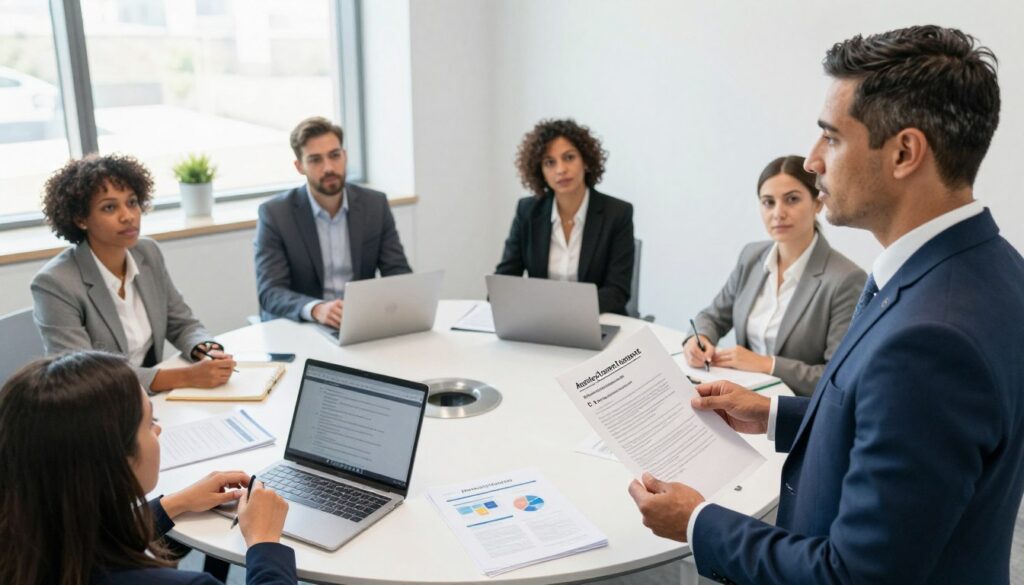 A professional setting featuring a diverse group of educators engaged in a discussion, symbolizing the role of advancement experts for teachers. In the foreground, a middle-aged man in a formal suit is presenting, holding documents that outline requirements for becoming an expert. Next to him, a woman in professional attire takes notes, while another teacher observes thoughtfully. In the middle, a round table is filled with educational materials, laptops, and charts. The background shows a modern, well-lit conference room with windows that allow natural light to pour in. The mood is one of collaboration and professionalism, suggesting the importance of expertise and growth in the teaching profession. The angle is slightly elevated to capture the full atmosphere of the room.