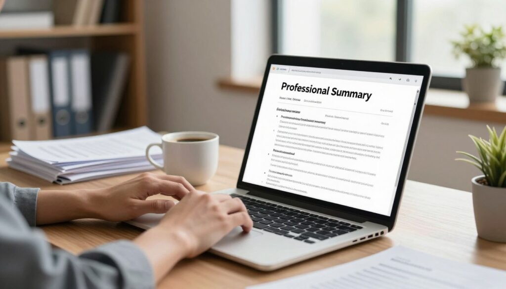 A professional workspace depicting a neatly organized desk with a laptop open to a document titled "Professional Summary." In the foreground, a hand poised over the keyboard, typing, suggesting focused work. The middle ground features a cup of coffee and a neatly stacked pile of papers, symbolizing preparation and organization. The background showcases a softly lit office environment with shelves filled with books and a potted plant, adding a touch of freshness. Warm, natural lighting filters through a window, creating a welcoming and productive atmosphere. The overall mood is serious yet optimistic, emphasizing the importance of crafting a concise professional summary in a CV. A professional workspace depicting a neatly organized desk with a laptop open to a document titled "Professional Summary." In the foreground, a hand poised over the keyboard, typing, suggesting focused work. The middle ground features a cup of coffee and a neatly stacked pile of papers, symbolizing preparation and organization. The background showcases a softly lit office environment with shelves filled with books and a potted plant, adding a touch of freshness. Warm, natural lighting filters through a window, creating a welcoming and productive atmosphere. The overall mood is serious yet optimistic, emphasizing the importance of crafting a concise professional summary in a CV.