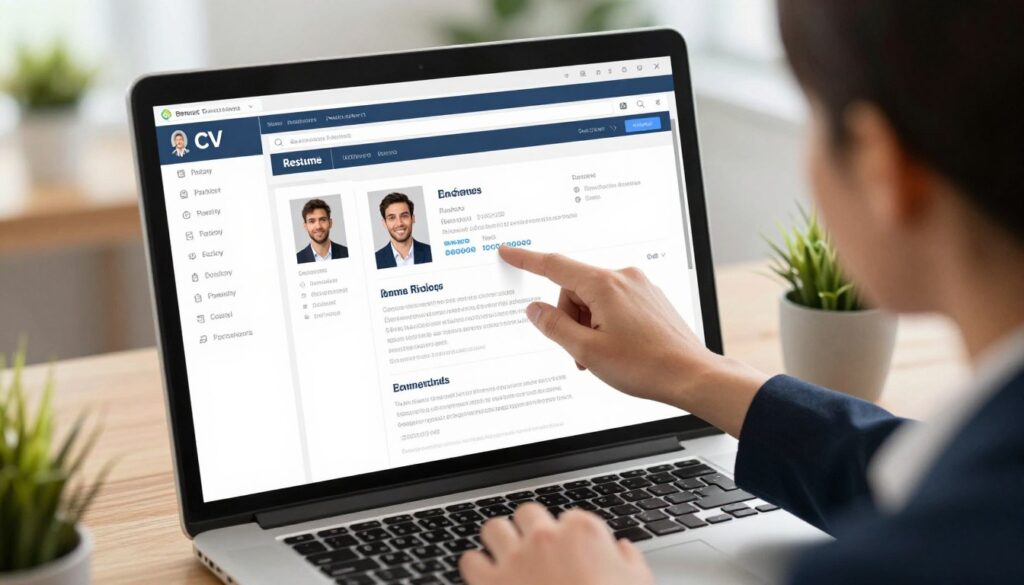 A professional workspace featuring a user-friendly resume builder interface on a computer screen. In the foreground, a well-dressed person, displaying a focused demeanor, is adjusting their profile picture for a CV. They are wearing business attire, exuding professionalism and confidence. The background reveals a tidy office setting with decorative plants and soft, diffused natural lighting, creating a warm and inviting atmosphere. The angles capture the screen from slightly above, highlighting the details of the resume builder tool, while maintaining the individual's concentration on the task. This scene conveys a sense of diligence and attention to detail essential for CV preparation. A professional workspace featuring a user-friendly resume builder interface on a computer screen. In the foreground, a well-dressed person, displaying a focused demeanor, is adjusting their profile picture for a CV. They are wearing business attire, exuding professionalism and confidence. The background reveals a tidy office setting with decorative plants and soft, diffused natural lighting, creating a warm and inviting atmosphere. The angles capture the screen from slightly above, highlighting the details of the resume builder tool, while maintaining the individual's concentration on the task. This scene conveys a sense of diligence and attention to detail essential for CV preparation.