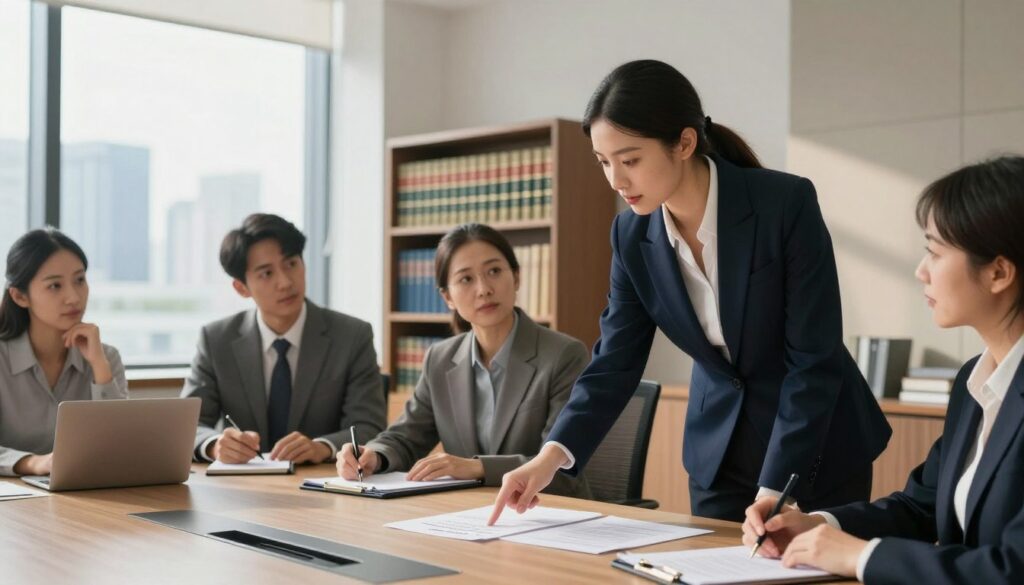A serene office environment showcasing a diverse group of professionals engaged in a discussion about law and administration. In the foreground, a confident woman in a smart navy suit stands at a modern conference table, pointing at legal documents. Beside her, a man in a gray suit takes notes, while a woman in a light blouse observes thoughtfully. In the middle ground, shelves filled with law books add depth, while a large window allows natural light to flood the room, casting soft shadows. The background features a city skyline visible through the glass, symbolizing opportunity and stability. The overall mood is collaborative and focused, emphasizing the importance of law and administration as a career path. A serene office environment showcasing a diverse group of professionals engaged in a discussion about law and administration. In the foreground, a confident woman in a smart navy suit stands at a modern conference table, pointing at legal documents. Beside her, a man in a gray suit takes notes, while a woman in a light blouse observes thoughtfully. In the middle ground, shelves filled with law books add depth, while a large window allows natural light to flood the room, casting soft shadows. The background features a city skyline visible through the glass, symbolizing opportunity and stability. The overall mood is collaborative and focused, emphasizing the importance of law and administration as a career path.