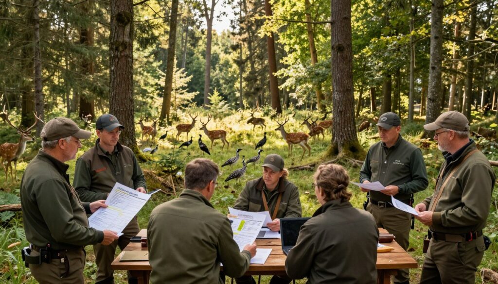 A serene, panoramic view of a lush forest, showcasing the rich biodiversity typical of state forests in Poland. In the foreground, a diverse group of hunters in professional attire, engaged in discussions, with charts and reports illustrating their hunting club's income sources. They should be standing around a wooden table that features rustic documents and a laptop. The middle ground displays wildlife, such as deer and birds, indicating a thriving ecosystem. The background is adorned with towering trees under soft, dappled sunlight filtering through the leaves, creating a warm and inviting atmosphere. The setting conveys a professional and collaborative mood, emphasizing sustainability in hunting practices. Use a wide-angle lens for depth, capturing both detail and grandeur without any text or branding elements.
