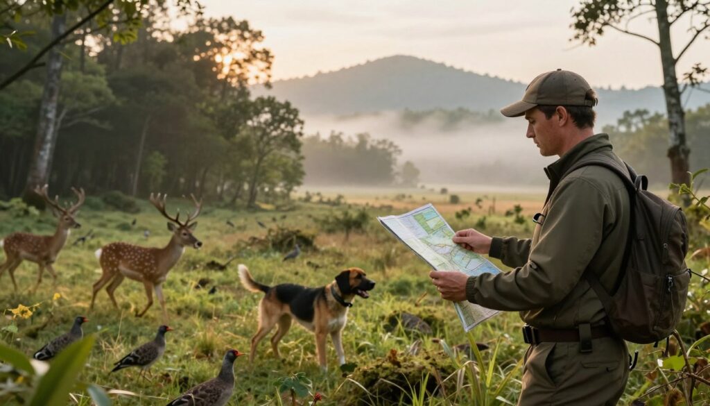 A serene yet impactful scene depicting a lush hunting landscape under soft, golden morning light. In the foreground, a professional hunter in modest, functional outdoor gear examines a map, with a thoughtful expression. Surrounding him, a mixture of dense forests and open fields filled with wildlife, such as deer and birds, suggest the thriving opportunity of commercial hunting. In the middle ground, a couple of well-cared-for hunting dogs are roaming playfully, symbolizing companionship and teamwork in the hunt. The background features distant mountains shrouded in morning mist, adding depth and a sense of adventure. The overall atmosphere conveys a harmonious relationship with nature, emphasizing financial opportunities in wildlife management. The scene should evoke professionalism, respect for animals, and the pursuit of sustainable hunting practices.