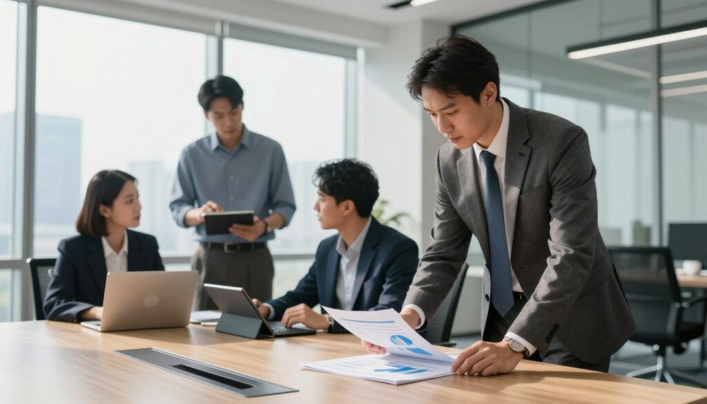 A sleek, modern office environment showcasing managers at various levels of an organization. In the foreground, a confident manager in a tailored suit stands by a large conference table, analyzing a financial report. In the middle ground, two individuals discuss strategies, one dressed in business casual attire, with a laptop and a digital tablet on the table. The background features a large window with a cityscape view, allowing natural light to flood the room, creating a sense of professionalism and clarity. Soft shadows emphasize the depth of the space. The atmosphere is dynamic and focused, reflecting the significance of managerial roles and their associated salaries in a corporate setting.