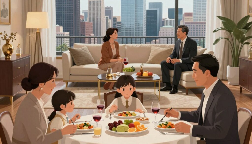 A sophisticated illustration contrasting the middle class and upper class. In the foreground, depict a well-dressed middle-class family at a dining table, enjoying a modest meal together, conveying warmth and community. In the middle ground, show a stylish upper-class couple in an elegantly decorated living room, surrounded by luxury items, engaging in a conversation over wine. The background features a city skyline with distinct architecture representing economic disparity; one side bustling and vibrant, the other quiet and refined. Soft, warm lighting enhances the atmosphere of comfort in the middle-class scene, while cooler tones create a sense of opulence and exclusivity in the upper-class setting. Capture the differences in lifestyle, values, and environment while ensuring all characters are in professional attire. A sophisticated illustration contrasting the middle class and upper class. In the foreground, depict a well-dressed middle-class family at a dining table, enjoying a modest meal together, conveying warmth and community. In the middle ground, show a stylish upper-class couple in an elegantly decorated living room, surrounded by luxury items, engaging in a conversation over wine. The background features a city skyline with distinct architecture representing economic disparity; one side bustling and vibrant, the other quiet and refined. Soft, warm lighting enhances the atmosphere of comfort in the middle-class scene, while cooler tones create a sense of opulence and exclusivity in the upper-class setting. Capture the differences in lifestyle, values, and environment while ensuring all characters are in professional attire.
