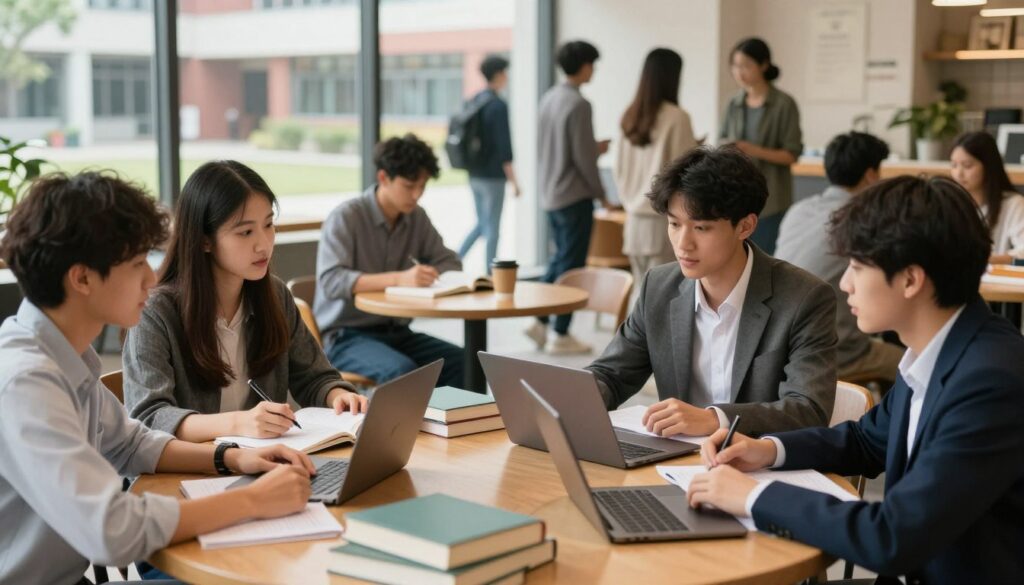 A split-scene image depicting the contrast between full-time and part-time university students during exam sessions. In the foreground, a focused group of full-time students in professional business attire is gathered around a table piled with books, laptops open, and notes scattered. They are engaged in a lively discussion, surrounded by textbooks related to their fields of study. In the middle ground, a part-time student sits alone at a cozy coffee shop table, dressed in modest casual clothing, reviewing notes with a steaming cup of coffee beside them, depicting a more relaxed atmosphere. In the background, the university campus is visible, with a mix of students walking between classes, showcasing diverse cultures and ages. Soft, natural lighting filters through large windows, creating an inviting and studious mood. The image is clear and vibrant, capturing the essence of academic life. A split-scene image depicting the contrast between full-time and part-time university students during exam sessions. In the foreground, a focused group of full-time students in professional business attire is gathered around a table piled with books, laptops open, and notes scattered. They are engaged in a lively discussion, surrounded by textbooks related to their fields of study. In the middle ground, a part-time student sits alone at a cozy coffee shop table, dressed in modest casual clothing, reviewing notes with a steaming cup of coffee beside them, depicting a more relaxed atmosphere. In the background, the university campus is visible, with a mix of students walking between classes, showcasing diverse cultures and ages. Soft, natural lighting filters through large windows, creating an inviting and studious mood. The image is clear and vibrant, capturing the essence of academic life.