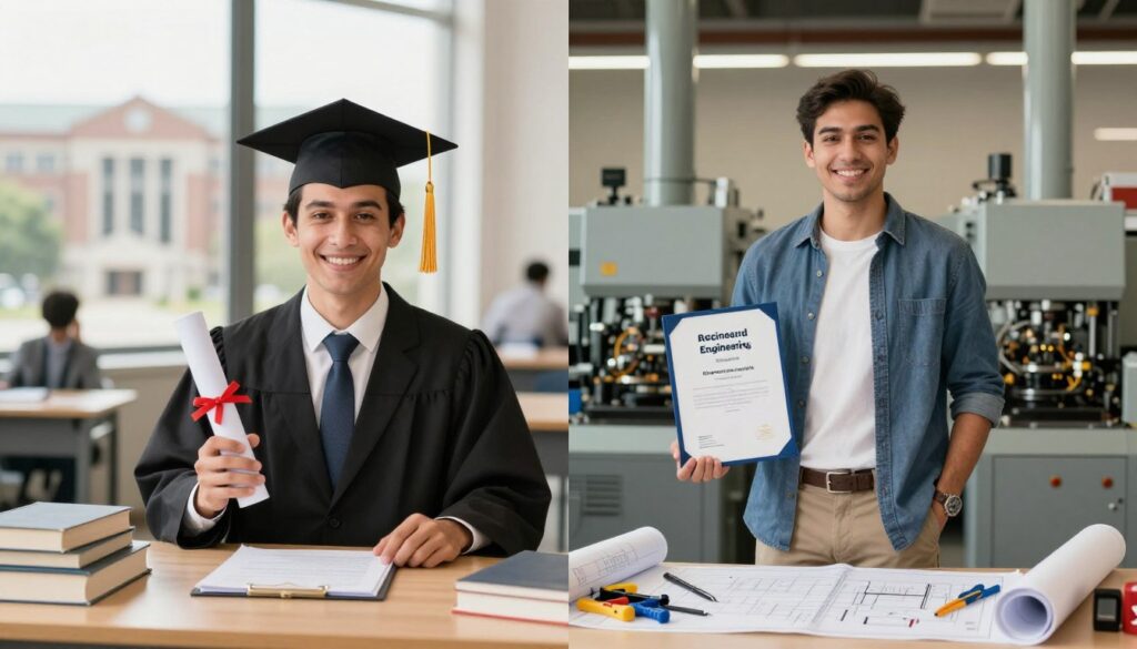 A split-screen image illustrating the contrast between a bachelor's degree and an engineering title. On the left, a proud graduate in a professional business suit holding a bachelor's diploma, surrounded by books and a graduation cap, sitting at a desk with academic materials in a bright, well-lit study. On the right, an engineer in a smart casual outfit, standing confidently in front of modern machinery, holding an engineering diploma, with blueprints and technical tools scattered around. The background features a university campus and a bustling engineering environment. The atmosphere is celebratory and optimistic, with warm, natural lighting to enhance the positive mood. Use a wide-angle perspective to capture both scenes effectively, ensuring clarity and focus on the individuals and their achievements. A split-screen image illustrating the contrast between a bachelor's degree and an engineering title. On the left, a proud graduate in a professional business suit holding a bachelor's diploma, surrounded by books and a graduation cap, sitting at a desk with academic materials in a bright, well-lit study. On the right, an engineer in a smart casual outfit, standing confidently in front of modern machinery, holding an engineering diploma, with blueprints and technical tools scattered around. The background features a university campus and a bustling engineering environment. The atmosphere is celebratory and optimistic, with warm, natural lighting to enhance the positive mood. Use a wide-angle perspective to capture both scenes effectively, ensuring clarity and focus on the individuals and their achievements.