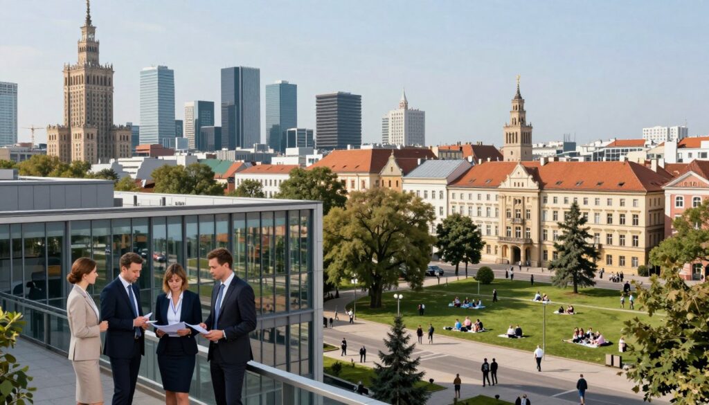 A split-view cityscape showcasing the contrasting economic landscapes of Warsaw and Bydgoszcz. In the foreground, display a modern office building in Warsaw bustling with business professionals in smart attire, engaged in conversation or reviewing documents. Captured under natural lighting, highlighting the vibrancy of the city. In the middle ground, feature Bydgoszcz’s charming architecture, blending historic and contemporary styles, with a family enjoying leisure time in a park, symbolizing a slower pace of life. The background should include a skyline, with Warsaw’s skyscrapers on the left and Bydgoszcz's quaint buildings on the right, under a clear sky. The overall mood should be reflective and insightful, emphasizing the theme of income disparity shaped by location. A split-view cityscape showcasing the contrasting economic landscapes of Warsaw and Bydgoszcz. In the foreground, display a modern office building in Warsaw bustling with business professionals in smart attire, engaged in conversation or reviewing documents. Captured under natural lighting, highlighting the vibrancy of the city. In the middle ground, feature Bydgoszcz’s charming architecture, blending historic and contemporary styles, with a family enjoying leisure time in a park, symbolizing a slower pace of life. The background should include a skyline, with Warsaw’s skyscrapers on the left and Bydgoszcz's quaint buildings on the right, under a clear sky. The overall mood should be reflective and insightful, emphasizing the theme of income disparity shaped by location.
