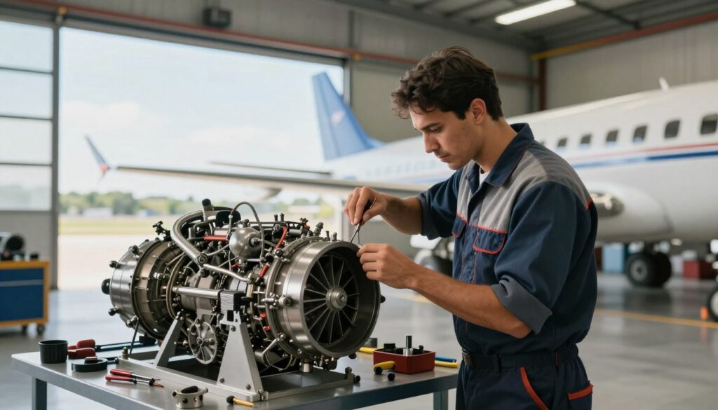 A vibrant scene depicting a passionate aviation mechanic in a modern aircraft hangar, focusing on the intricate details of an airplane engine. In the foreground, a skilled mechanic is wearing professional work attire, meticulously inspecting engine components with tools in hand, showcasing concentration and expertise. The middle ground features various aviation tools and parts organized neatly on workbenches, highlighting the technical environment. In the background, large hangar doors reveal a clear sky, suggesting a bright day. Utilize soft, natural lighting to create a warm and inviting atmosphere, with shadows softly falling from the machinery. The image should convey a sense of ambition, professionalism, and the dedication needed to succeed in the aviation mechanic career. A vibrant scene depicting a passionate aviation mechanic in a modern aircraft hangar, focusing on the intricate details of an airplane engine. In the foreground, a skilled mechanic is wearing professional work attire, meticulously inspecting engine components with tools in hand, showcasing concentration and expertise. The middle ground features various aviation tools and parts organized neatly on workbenches, highlighting the technical environment. In the background, large hangar doors reveal a clear sky, suggesting a bright day. Utilize soft, natural lighting to create a warm and inviting atmosphere, with shadows softly falling from the machinery. The image should convey a sense of ambition, professionalism, and the dedication needed to succeed in the aviation mechanic career.