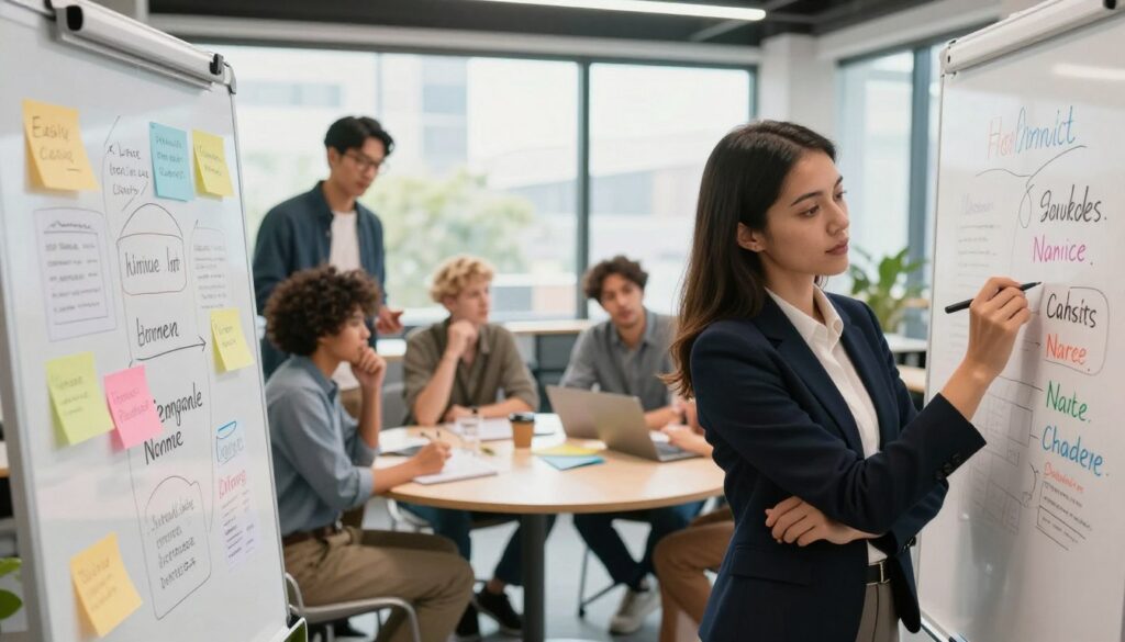 A visually engaging office scene illustrating the concept of an easily memorable company name. In the foreground, a professional businesswoman in smart attire, thoughtfully writing notes on a whiteboard filled with colorful brainstorming ideas. In the middle ground, a group of diverse individuals is collaborating around a round table, reviewing catchy name proposals, expressing lively discussions. The background features an inviting workspace with large windows allowing natural light to flood in, enhancing a creative atmosphere. Soft lighting highlights the expressions of focus and inspiration on the participants’ faces, creating a warm and encouraging mood. The overall composition conveys creativity, teamwork, and the essence of naming a business effectively. A visually engaging office scene illustrating the concept of an easily memorable company name. In the foreground, a professional businesswoman in smart attire, thoughtfully writing notes on a whiteboard filled with colorful brainstorming ideas. In the middle ground, a group of diverse individuals is collaborating around a round table, reviewing catchy name proposals, expressing lively discussions. The background features an inviting workspace with large windows allowing natural light to flood in, enhancing a creative atmosphere. Soft lighting highlights the expressions of focus and inspiration on the participants’ faces, creating a warm and encouraging mood. The overall composition conveys creativity, teamwork, and the essence of naming a business effectively.