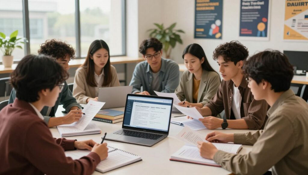 A visually engaging representation of a bachelor's degree program. In the foreground, a diverse group of students in professional or smart casual clothing are gathered around a large table, focused on examining course materials and engaging in discussion. The middle ground features an open laptop displaying a detailed syllabus, alongside textbooks and notebooks filled with notes. In the background, a bright and modern academic environment with large windows, plants, and motivational posters about education can be seen, enhancing the atmosphere of collaboration and learning. Soft, warm lighting filters through the windows, creating an inviting and inspiring ambiance. The angle is slightly elevated, capturing the dynamic interaction among students while showcasing the educational elements laid out before them. A visually engaging representation of a bachelor's degree program. In the foreground, a diverse group of students in professional or smart casual clothing are gathered around a large table, focused on examining course materials and engaging in discussion. The middle ground features an open laptop displaying a detailed syllabus, alongside textbooks and notebooks filled with notes. In the background, a bright and modern academic environment with large windows, plants, and motivational posters about education can be seen, enhancing the atmosphere of collaboration and learning. Soft, warm lighting filters through the windows, creating an inviting and inspiring ambiance. The angle is slightly elevated, capturing the dynamic interaction among students while showcasing the educational elements laid out before them.