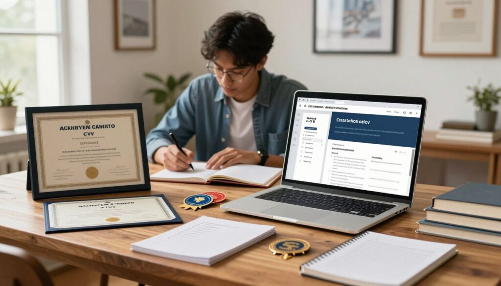 A visually rich composition illustrating "achievements, courses, and certifications" for a student's CV. In the foreground, an organized workspace featuring a polished wooden desk with an open laptop showing a digital portfolio. Scattered on the desk are vibrant certificates in elegant frames, a notepad with a checklist of skills, and a few course completion badges. The middle ground includes a focused student, dressed in smart casual attire, deeply engaged in writing their CV, surrounded by books on career development. The background features a softly lit wall adorned with more framed achievements. The entire scene is illuminated with warm, natural light from a nearby window, creating an inviting and inspirational atmosphere. The overall mood is professional and optimistic, reflecting the pursuit of personal growth and success. A visually rich composition illustrating "achievements, courses, and certifications" for a student's CV. In the foreground, an organized workspace featuring a polished wooden desk with an open laptop showing a digital portfolio. Scattered on the desk are vibrant certificates in elegant frames, a notepad with a checklist of skills, and a few course completion badges. The middle ground includes a focused student, dressed in smart casual attire, deeply engaged in writing their CV, surrounded by books on career development. The background features a softly lit wall adorned with more framed achievements. The entire scene is illuminated with warm, natural light from a nearby window, creating an inviting and inspirational atmosphere. The overall mood is professional and optimistic, reflecting the pursuit of personal growth and success.
