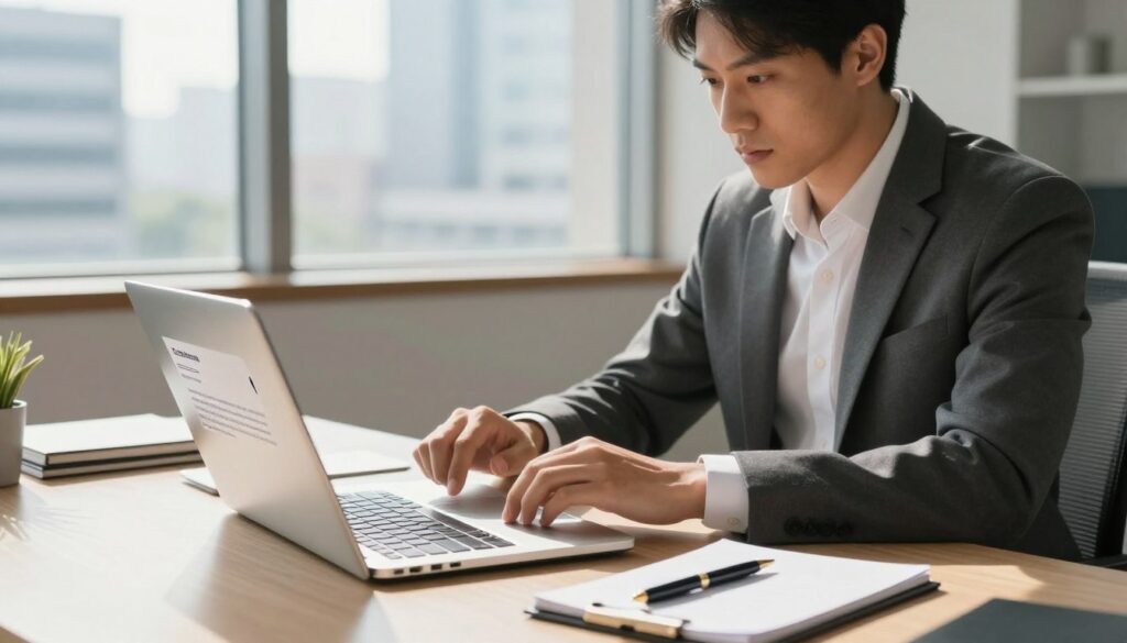 A well-dressed professional sitting at a modern desk in a brightly lit office, focusing intently on composing an email. The foreground features an elegant laptop displaying a draft email addressed to an employer, with the cursor blinking at the start of the message. In the middle, there are stylish office supplies like a notepad and a classy pen, symbolizing preparation. The background showcases large windows with a bustling city view, conveying a sense of opportunity and professionalism. Soft natural light streams in, casting gentle shadows, creating a warm yet focused atmosphere. The entire scene captures the essence of initiating professional correspondence with clarity and intent, emphasizing the importance of a strong start in an email to a potential employer. A well-dressed professional sitting at a modern desk in a brightly lit office, focusing intently on composing an email. The foreground features an elegant laptop displaying a draft email addressed to an employer, with the cursor blinking at the start of the message. In the middle, there are stylish office supplies like a notepad and a classy pen, symbolizing preparation. The background showcases large windows with a bustling city view, conveying a sense of opportunity and professionalism. Soft natural light streams in, casting gentle shadows, creating a warm yet focused atmosphere. The entire scene captures the essence of initiating professional correspondence with clarity and intent, emphasizing the importance of a strong start in an email to a potential employer.