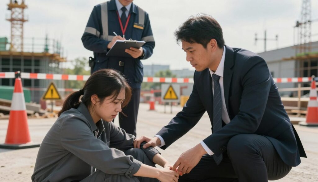 A workplace accident scene focusing on the immediate aftermath of an incident. In the foreground, a visibly concerned worker in professional business attire assists a colleague, who is sitting on the ground, looking shaken but not in severe distress. In the middle ground, a safety officer, also in business attire, is assessing the situation, taking notes on a clipboard. In the background, a construction site is visible, with safety cones and warning signs indicating a secure perimeter. Natural lighting filters down from an overcast sky, casting a soft, diffused glow on the scene. The mood is serious yet composed, conveying the importance of proper procedures following a workplace accident. The scene emphasizes professionalism and the protocols that must be followed after an incident. A workplace accident scene focusing on the immediate aftermath of an incident. In the foreground, a visibly concerned worker in professional business attire assists a colleague, who is sitting on the ground, looking shaken but not in severe distress. In the middle ground, a safety officer, also in business attire, is assessing the situation, taking notes on a clipboard. In the background, a construction site is visible, with safety cones and warning signs indicating a secure perimeter. Natural lighting filters down from an overcast sky, casting a soft, diffused glow on the scene. The mood is serious yet composed, conveying the importance of proper procedures following a workplace accident. The scene emphasizes professionalism and the protocols that must be followed after an incident.