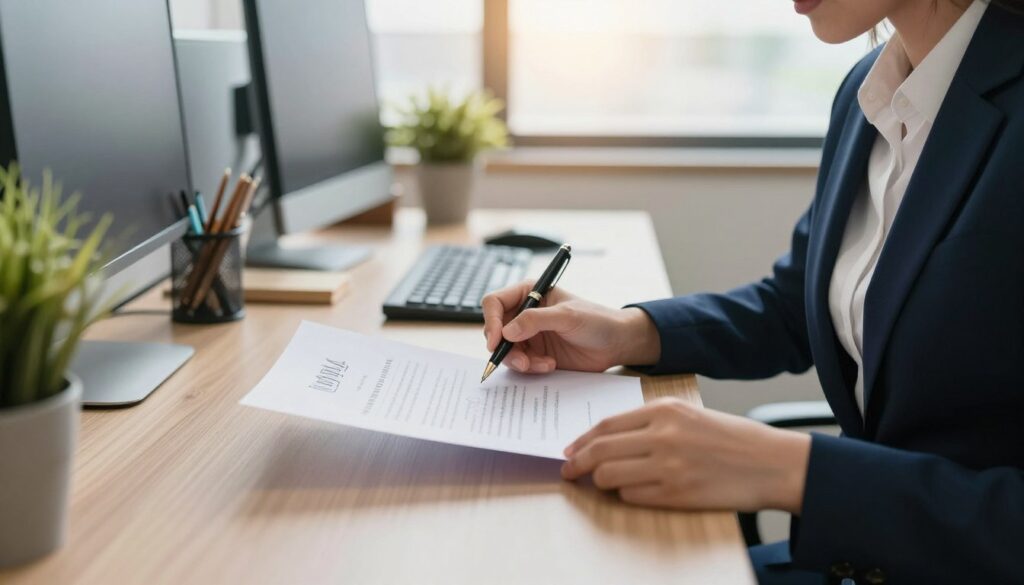 An office setting where a professional woman in business attire is carefully preparing a work certificate at a desk. In the foreground, a close-up of her hands holding a pen above a blank certificate, with an elegant, formal template in the background featuring light watermarks. The middle layer shows a well-organized desk with office supplies neatly arranged, a desktop computer displaying soft ambient light, and a potted plant adding a touch of greenery. The background captures a modern office environment with soft natural lighting streaming through a window, casting a warm glow. The mood is focused and professional, conveying diligence and attention to detail as the woman prepares to deliver an important document.